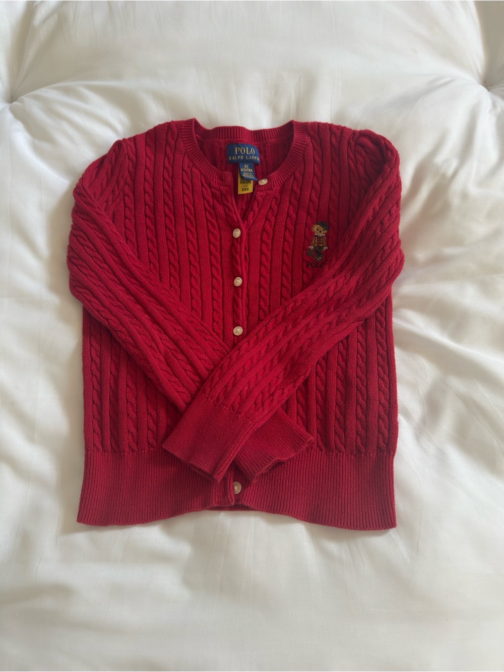 Polo by Ralph Lauren Red Cable-Knit Cardigan with Bear Motif